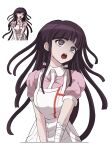  1girl :o absurdres apron bandaged_arm bandages black_hair blunt_bangs blunt_ends breasts collared_shirt commentary_request cowboy_shot crazy_eyes cropped_legs danganronpa_(series) danganronpa_2:_goodbye_despair eyelashes floating_hair head_tilt highres large_breasts lelie_(lelie_link) long_hair looking_up nurse open_mouth photo-referenced pink_shirt puffy_short_sleeves puffy_sleeves ringed_eyes shaded_face shirt short_sleeves simple_background solo spoilers teeth tsumiki_mikan upper_teeth_only upturned_eyes very_long_hair white_apron white_background 