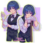  2boys :t adjusting_clothes adjusting_gloves alternate_costume black_cross_tie black_hair black_pants black_vest blue_hair blunt_ends border clone closed_mouth collared_shirt commentary_request contemporary cropped_legs cross_tie eyeliner formal_clothes genshin_impact gloves green_outline grey_pupils hands_up highres holding leaning_forward looking_at_viewer makeup male_focus multicolored_hair multiple_boys nonoji_(nonoji_ekaki) outline pants parted_lips pocket purple_background purple_eyes red_eyeliner scaramouche_(genshin_impact) shirt smirk streaked_hair suit_pants three-quarter_sleeves tsurime twitter_username undershirt vest watermark white_border white_gloves white_mouth white_shirt white_sleeves wing_collar wispy_bangs wolf_cut 