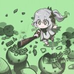  1girl barefoot baseball_bat bright_pupils broken closed_mouth commentary debris deformed dress english_commentary eyelashes full_body genshin_impact green_background green_eyes green_streaks green_theme grey_hair hair_ornament highres holding holding_baseball_bat jun_(navigavi) leaf_hair_ornament long_hair looking_at_object money motion_blur motion_lines multicolored_hair nahida_(genshin_impact) outstretched_arm pointy_ears shadow side_ponytail simple_background smile solo standing streaked_hair white_dress white_pupils 