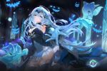  1girl ahoge black_dress black_ribbon blue_eyes blue_hair blue_skin bow breasts chinese_text closed_mouth collar colored_skin commentary_request dearduam doll dress epic_seven floating_hair ghost glass hair_between_eyes hairband highres layered_dress logo long_hair looking_at_viewer medium_breasts politis_(epic_seven) reaching reaching_towards_viewer ribbon solo standing thighs 