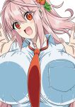  1girl absurdres blush breast_press breasts collared_shirt commentary_request fate/grand_order fate_(series) flower hair_flower hair_intakes hair_ornament half_updo highres huge_breasts junu_(junudonkochan) long_hair looking_at_viewer necktie open_mouth pink_hair red_eyes shirt smile solo verdandi_(fate) white_shirt 