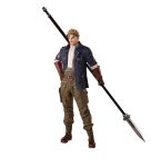  1boy 3d ascot beard_stubble belt blonde_hair blue_eyes blue_jacket boots brown_belt brown_boots brown_gloves cargo_pants cid_highwind facial_hair final_fantasy final_fantasy_vii final_fantasy_vii_remake final_fantasy_vii_revelation full_body gloves goggles goggles_on_head green_pants grey_shirt grin hand_on_own_hip highres holding holding_polearm holding_weapon jacket looking_at_viewer male_focus official_art pants polearm shirt short_hair smile solo standing stubble transparent_background weapon white_ascot white_background 
