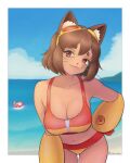  1girl :3 absurdres animal_ears antilerhour artist_name beach bikini body_fur breasts brown_fur brown_hair cat_ears cat_girl cloud cloudy_sky collarbone commentary english_commentary fang furry furry_female gameoverse gobbles_(gameoverse) goggles goggles_on_head highres kit_bodega looking_at_viewer multicolored_bikini ocean official_alternate_costume orange_bikini outdoors red_eyes sky slit_pupils standing swimsuit thigh_gap two-tone_bikini whiskers yellow_bikini 