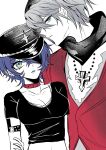  1boy 1girl absurdres belle_(zenless_zone_zero) black_hat black_scarf black_shirt blue_hair brother_and_sister choker commentary_request crop_top cross cross_necklace felichiii green_eyes grey_hair hair_over_one_eye hat highres jewelry looking_at_viewer necklace official_alternate_costume red_choker red_shirt scarf shirt siblings upper_body wise_(zenless_zone_zero) zenless_zone_zero 