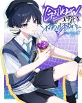  1boy :p aqua_background beret black_hair black_hat black_shoes black_shorts blue_necktie blue_trim blunt_ends border chain character_name choppy_bangs coffee collared_shirt commentary_request condensation contemporary copyright_name cross-laced_clothes cross-laced_shorts cup disposable_cup drinking_straw drop_shadow eyelashes eyeliner fingernails genshin_impact gradient_background graffiti grey_eyes grey_socks grey_sweater_vest grid_background hand_up hat highres holding holding_cup ice ice_cube iced_coffee light_blush looking_at_viewer makeup male_focus necktie o-ring official_alternate_costume open_collar pom_pom_(clothes) purple_background red_eyeliner scaramouche_(genshin_impact) school_uniform shirt shoes short_sleeves shorts sitting socks solo sweater_vest takura_0103 tongue tongue_out tsurime twitter_username undershirt wanderer_(genshin_impact) wanderer_(mega_mgc_coffee)_(genshin_impact) white_border white_shirt white_sleeves white_trim wing_collar wolf_cut wrist_cuffs 