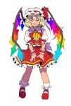  1girl ascot back_bow blonde_hair bow collared_shirt commentary_request crystal crystal_wings flandre_scarlet frilled_shirt_collar frilled_skirt frills grin hair_between_eyes hat hat_bow highres looking_at_viewer mary_janes mob_cap multicolored_wings one_side_up orange555_555 red_bow red_eyes red_shoes red_skirt red_vest shirt shoes skirt skirt_set smile socks solo touhou vest white_bow white_hat white_shirt white_socks wings yellow_ascot 