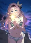  1girl absurdres armpit_crease arms_at_sides bare_arms bare_legs bare_shoulders beach bikini black_ribbon blue_eyes blush breasts cleavage collarbone commentary facing_viewer firefly_(honkai:_star_rail) fireworks frilled_bikini frills gradient_eyes green_bikini grey_hair hair_between_eyes hair_ornament hair_ribbon hairband highres holding holding_fireworks honkai:_star_rail honkai_(series) legs_apart long_hair looking_at_viewer medium_breasts multicolored_eyes multicolored_hairband navel nervous_smile night ocean pink_hair ribbon smile solo sparkler star_(sky) stomach swimsuit user_jrfu8237 wavy_hair wing_hair_ornament yellow_eyes 