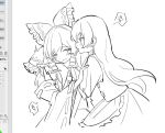  2girls anger_vein apron art_program_in_frame ascot biting biting_ear blush bow commentary_request detached_sleeves frilled_bow frilled_hair_tubes frills greyscale hair_bow hair_tubes hakurei_reimu kirisame_marisa long_hair missing_headwear monochrome multiple_girls one_eye_closed open_mouth ribbon-trimmed_sleeves ribbon_trim sei_(sei_ha1) sketch skirt speech_bubble spoken_anger_vein touhou translation_request vest waist_apron yuri 