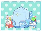  beak bird blue_eyes commentary crocodilian fangs food fuecoco golem highres ice natu no_humans on_head open_mouth penguin piplup pokemon pokemon_(creature) pokemon_focus pokemon_on_head regice shaved_ice simple_background sitting tail untranslatable_commentary waltz_(wal_w_wal) 