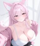  1girl animal_ear_fluff animal_ears breasts camisole cardigan cleavage closed_mouth collarbone commentary_request commission cropped double-parted_bangs hair_intakes hand_up indie_virtual_youtuber koyoi_yura large_breasts long_hair looking_at_viewer namedango_(uouodango) open_cardigan open_clothes pink_cardigan pink_eyes pink_hair skeb_commission smile upper_body virtual_youtuber white_camisole 