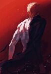  1boy bandaged_arm bandaged_chest bandages bare_shoulders black_kimono bleach commentary facing_away gradient_background highres holding holding_sword holding_weapon japanese_clothes kimono kurosaki_ichigo light_particles long_sleeves male_focus orange_hair red_background shihakusho short_hair single_bare_shoulder single_sleeve solo spiked_hair sword toned toned_male torn_clothes torn_kimono upper_body weapon xiexian170 