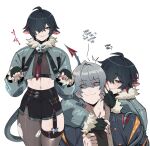  2boys absurdres animal_ears black_gloves black_hair black_jacket blush commentary english_commentary english_text fingerless_gloves genderswap genderswap_(ftm) gloves green_jacket grey_hair grey_pantyhose hair_over_one_eye highres jacket jane_doe_(zenless_zone_zero) john_doe_(zenless_zone_zero)_(scopeophilia) long_sleeves male_focus masoq midriff mouse_boy mouse_ears mouse_tail multiple_boys multiple_views navel pantyhose short_hair simple_background smile tail thighhighs torn_clothes torn_pantyhose white_background wise_(zenless_zone_zero) yaoi zenless_zone_zero 