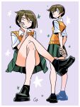  1girl alternate_costume arms_behind_back black_shoes black_socks brown_eyes brown_hair callan_(callancoe) closed_mouth collared_shirt commentary_request commission crossed_legs green_skirt hand_on_own_cheek hand_on_own_chin hand_on_own_face highres hiryuu_(kancolle) invisible_chair kantai_collection multiple_views orange_sweater_vest own_hands_together pleated_skirt shirt shoes short_hair short_sleeves simple_background sitting skeb_commission skirt socks standing star_(symbol) sweater_vest white_shirt 