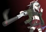  1girl arai_kogane black_hair black_horns black_mask black_nails black_thighhighs blue_archive demon_horns ear_piercing gangsta_hold green_jacket grey_halo gun h&amp;k_p30 hair_between_eyes halo handgun horns jacket kayoko_(blue_archive) long_hair mask mask_pull multicolored_hair multiple_piercings nail_polish navel original piercing red_eyes single_thighhigh single_wing smoke smoking_barrel suppressor thighhighs two-tone_hair weapon white_hair wings 