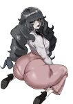  1girl ass black_ribbon black_shoes bow bowtie commentary curly_hair face_piercing fear_&amp;_hunger_(series) fear_&amp;_hunger_2:_termina freckles frilled_shirt_collar frills gialu_(xrta2222) grey_eyes grey_hair highres long_hair long_skirt long_sleeves looking_back marina_(fear_&amp;_hunger) mary_janes mouth_piercing pantylines piercing pink_skirt ribbon shirt shoes simple_background sitting skirt socks very_long_hair white_background white_shirt white_socks 