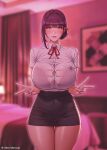  1girl absurdres artist_name bed black_skirt blunt_bangs blurry blurry_background blush bra_visible_through_clothes breast_pocket breasts button_gap ceo_and_bodyguard collared_shirt commentary covered_navel double_v english_commentary fanbox_username glint gumroad_username hair_bun heart heart-shaped_pupils highres indoors itch.io_username jewelry korean_commentary large_breasts looking_at_viewer mature_female mixed-language_commentary multilingual_commentary neck_ribbon pantylines parted_lips patreon_username pencil_skirt pocket purple_hair purple_nails red_ribbon ribbon ring roborobocap school_uniform see-through_clothes sera_(ceo_and_bodyguard) shirt short_sleeves single_sidelock skirt solo straight-on sweat symbol-shaped_pupils twitter_username v wedding_ring wet wet_clothes wet_shirt white_shirt 