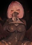  1girl absurdres black_dress black_feathers black_shrug black_wings breasts chest_belt commentary dress falling_feathers feathered_wings feathers finger_to_mouth gomashiwo_o hair_intakes highres mask medium_hair mouth_mask official_alternate_costume pink_hair purple_eyes remielle_dan remielle_dan_(moonlight_whispers) shrug_(clothing) shushing smile untranslatable_commentary wings zenless_zone_zero 