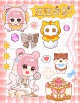  1girl absurdres animal animal_hands barefoot blue_bow blue_bowtie blue_sailor_collar border bow bowtie brooch brown_bow brown_bowtie brown_eyes brown_scarf brown_socks buttons character_snowman chef_hat chibi chinese_commentary chinese_text clothed_animal coat collared_coat commentary_request commission diamond_(gemstone) dog dog_hair_ornament donut double_bun eyelashes floof_(infinity_nikki) food french_cruller frilled_sailor_collar frills fringe_trim fur-trimmed_coat fur-trimmed_sleeves fur_trim gem gloves grid_background guardian_floof_(infinity_nikki) hair_bow hair_bun hair_ornament hairclip happy hat heart highres in_food infinity_nikki jewelry kneehighs kneeling light_blush long_hair long_sleeves low_twintails mini_chef_hat mini_hat momo_(nikki) multiple_views nikki_(nikki) nikki_(series) no_shoes open_mouth outline outside_border outstretched_arm parallel_hairclips paw_gloves paw_print paw_print_pattern pink_border pink_gem pink_hair plaid_border print_bow print_bowtie sailor_collar sample_watermark scarf shiba_inu shiyu25809 sitting smile snowman socks speech_bubble spoken_heart star_(symbol) striped_clothes striped_socks tareme traditional_bowtie translation_request treasure_chest twintails vertical-striped_clothes vertical-striped_socks very_long_hair watermark watermark_grid wavy_hair white_background white_coat white_gloves white_hat white_outline winter_clothes winter_coat 