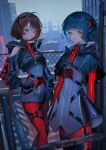  2girls armpit_cutout aru_(sinsekai) asu_(sinsekai) black_boots black_gloves black_jacket blue_hair blunt_bangs blunt_ends bodysuit bodysuit_under_clothes boots brown_hair building capelet chest_harness clothing_cutout collared_capelet collared_jacket commentary_request criss-cross_straps cropped_jacket dress eigoni expressionless facial_mark fingerless_gloves flipped_hair flower gloves green_eyes grey_dress hair_intakes hair_ornament hand_on_own_hip harness high_collar highres jacket kamitsubaki_studio long_hair long_sleeves looking_at_viewer low_ponytail multicolored_hair multiple_girls official_alternate_costume official_art outdoors pantyhose ponytail red_bodysuit red_flower red_pantyhose red_rose rose sidelocks sinsekai_record skyscraper strap streaked_hair thigh_boots thigh_strap two-sided_capelet two-sided_dress two-sided_fabric very_long_hair white_hair white_streaks x_hair_ornament yellow_eyes zipper zipper_pull_tab 