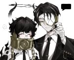  1boy 1girl black_hair black_halo black_jacket black_necktie blank_speech_bubble blush cape chain closed_eyes collar collared_shirt commentary_request covered_mouth cracked_mask curly_hair demon_horns e.g.o_(project_moon) earpiece gloves gold_chain gold_trim grin half_mask halo hand_up highres horns jacket lapels limbus_company long_sleeves looking_down mask metal_collar multicolored_hair necktie notched_lapels one_eye_covered parted_bangs porilas2 procuration_(e.g.o) project_moon rien_(project_moon) round_eyewear semi-rimless_eyewear shirt short_hair side-by-side simple_background smile sora_(project_moon) speech_bubble streaked_hair suit_jacket tie_clip two-tone_hair upper_body white_background white_cape white_gloves white_mask white_shirt white_streaks yellow_eyes 