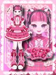  1girl blunt_bangs boots bow bow_earrings braid braided_twintails commentary_request dress earrings face_piercing frilled_dress frills full_body hair_bow hair_ornament hair_ribbon heart heart_earrings highres indie_virtual_youtuber jewelry kawakura_(kawaii_club) long_hair mii_(ff96zgrckhox) multiple_views official_art open_mouth piercing pink_bow pink_dress pink_eyes pink_hair pink_skirt reference_sheet ribbon shoes skirt smile standing virtual_youtuber 