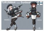  2girls absurdres alcohol arms_behind_back beret black_pantyhose bottle breasts buttons commentary_request double-breasted dual_persona finnish_flag finnish_navy full_body gloves gun hat highres karjala_(personification) long_hair medium_breasts medium_hair multiple_girls nagant_m1895 original pantyhose parted_bangs pencil_skirt personification ponytail red_hair revolver scarf sheath sheathed sidelocks skirt sword teisei_misagi turunmaa_(personification) weapon white_gloves white_hair 