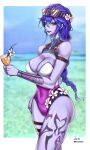  blue_hair braid braided_ponytail breasts chest_harness cleavage colored_skin cowboy_shot cup diel2026 drinking_glass drinking_straw earrings goggles goggles_on_head hand_on_own_thigh harness highres holding holding_cup jewelry large_breasts leg_tattoo low_ponytail official_alternate_costume official_alternate_hairstyle one-piece_swimsuit overwatch ponytail purple_lips purple_one-piece_swimsuit purple_skin standing swimsuit tattoo widowmaker_(overwatch) yellow_eyes 