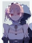  2girls apron bikini black_dress blue_bikini closed_mouth commentary_request dress hair_ornament highres looking_at_viewer maid_headdress multiple_girls pink_eyes pink_hair ram_(re:zero) re:zero_kara_hajimeru_isekai_seikatsu rem_(re:zero) roswaal_mansion_maid_uniform siblings sisters swimsuit twins white_apron white_headdress x_hair_ornament yucchiimi 