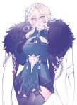  1girl arm_behind_back belt black_belt black_fur black_gloves black_thighhighs blonde_hair blue_dress blue_feathers blue_flower blue_gem blush breasts cleavage_cutout clothing_cutout coat commentary cowboy_shot dress english_commentary fatui_coat feather_hair_ornament feathers flower fur-trimmed_coat fur-trimmed_hood fur_hood fur_trim gem genshin_impact gloves hair_flower hair_ornament highres hood lapels lumine_(genshin_impact) lumine_(night_hunt_in_snow)_(genshin_impact) official_alternate_costume rilabyrinth rope short_dress short_hair_with_long_locks silver_trim simple_background solo thighhighs two-tone_flower white_background white_coat white_flower white_rope yellow_eyes 