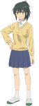  1girl anime_coloring arm_at_side artist_request black_hair blue_skirt breasts brown_eyes closed_mouth collared_shirt full_body green_shoes hair_between_eyes hand_on_own_hip high_ponytail highres ijiranaide_nagatoro-san long_sleeves looking_at_viewer medium_breasts medium_hair miniskirt official_art orihara_(nagatoro) pleated_skirt ponytail second-party_source shirt shoes sidelocks simple_background skirt smile socks solo split_mouth standing sweater tachi-e transparent_background uwabaki v-neck white_shirt white_shoes white_socks yellow_sweater 