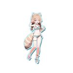  1girl :d ;d animal_ear_fluff ankle_scrunchie aqua_bikini aqua_bow arm_up asymmetrical_footwear bamboo_hair_ornament bare_shoulders bikini black_ribbon blonde_hair blue_outline blush bow bow_bikini bracelet braid collarbone drop_shadow fang footwear_bow frilled_bikini frills full_body goeleu hair_ribbon jewelry komachi_panko long_hair merchandise_available midriff mismatched_footwear multicolored_bikini navel official_art one_eye_closed open_mouth outline phase_connect pink_bow pink_eyes pink_scrunchie red_panda_ears red_panda_girl red_panda_tail ribbon sandals scrunchie second-party_source short_eyebrows side-tie_bikini_bottom sidelocks simple_background skin_fang smile solo striped_tail swimsuit tail thigh_bow twin_braids two-tone_bikini v v-shaped_eyebrows virtual_youtuber white_background white_bikini white_sandals wrist_scrunchie 