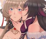  2girls black_hair blue_eyes blush brown_hair columbina_(genshin_impact) commentary dress english_commentary genshin_impact hand_on_another's_neck highres kiss kissing_cheek long_hair multicolored_hair multiple_girls off-shoulder_dress off_shoulder parted_lips purple_streaks rirypractices sandrone_(genshin_impact) simple_background streaked_hair white_background white_dress yuri 