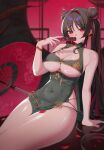  1girl absurdres ahoge black_dress black_hair blush breasts chinese_clothes cleavage cleavage_cutout closed_mouth clothing_cutout commentary covered_navel double_bun dress earrings gani1127 goddess_of_victory:_nikke hair_bun hand_fan heart heart_ahoge highres holding holding_fan jewelry large_breasts long_hair looking_at_viewer moran_(king_of_flowers)_(nikke) moran_(nikke) multicolored_hair official_alternate_costume pelvic_curtain qipao red_eyes red_hair red_streaks sitting solo streaked_hair sweatdrop underboob underboob_cutout very_long_hair 