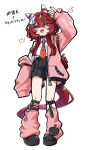  1girl animal_ears apple black_choker black_shoes black_shorts blush breasts choker collared_shirt commentary_request ear_covers feather_hair_ornament feathers food fruit green_eyes hair_between_eyes hair_ornament highres horse_ears horse_girl horse_tail jacket long_hair long_sleeves looking_at_viewer loose_socks low_twintails multicolored_hair necktie open_mouth pink_jacket pink_socks red_hair red_nails red_necktie shirt shoes shorts simple_background small_breasts smile socks solo tail twintails umamusume w white_background white_shirt win_variation_(umamusume) yokoyu 