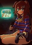  1girl :3 absurdres acefish aiming aiming_at_viewer alternate_costume animal_ears bare_legs barefoot black_panties blush bone_hair_ornament braid breasts brown_eyes brown_hair brown_tail chris-chan chris-chan_(cosplay) closed_mouth collared_shirt commentary commission controller cosplay crt dog_ears dog_girl dog_tail english_commentary finger_on_trigger game_console game_controller gun hair_between_eyes hair_ornament handgun highres holding holding_controller holding_game_controller holding_gun holding_weapon hololive hololive_gamers inugami_korone jewelry knuckles_the_echidna large_breasts long_hair looking_at_viewer low_twin_braids meme necklace no_pants on_floor panties rugby_shirt shirt sitting smile solo sonic_(series) sonic_heroes sonic_the_hedgehog sonichu sonichu_medallion striped_clothes striped_shirt tail tails_(sonic) television twin_braids underwear video_game virtual_youtuber weapon xbox_360 xbox_controller 