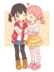  2girls :3 ;3 arm_hug bad_source black_hair black_pantyhose blue_skirt blush brown_eyes cheek-to-cheek closed_eyes flat_chest frilled_skirt frills full_body hair_ornament hair_scrunchie heads_together heart high_tops jacket kodomo_doushi layered_shirt long_sleeves mary_janes miniskirt multiple_girls one_eye_closed onyhakase open_clothes open_jacket original pantyhose pink_hair pink_shirt pink_shoes pink_thighhighs pleated_skirt red_jacket scrunchie shirt shoes side_ponytail skirt sleeves_past_wrists sneakers standing striped_clothes striped_thighhighs thighhighs twintails white_shirt white_thighhighs yellow_shoes yellow_skirt yuri 