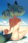  1girl absurdres animal_ears aqua_hair aqua_tail ass back bare_shoulders beach beach_towel bikini blue_sky butt_crack choker cloud commentary cooler day facing_away fankupl fox_ears fox_girl fox_tail from_behind hair_ornament highres horizon jaana_kettu lotion middle_part ocean original outdoors parted_hair sand second-party_source shore sitting sky solo suggestive_fluid sunscreen sweat swimsuit tail tanlines topless_female towel twintails untranslatable_commentary variant_set white_bikini white_choker 