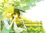  2girls absurdres amiya_(arknights) animal_ear_fluff animal_ears arknights bench brown_hair cardigan cat_ears cat_girl closed_eyes closed_mouth collared_shirt commentary daonharam dappled_sunlight day dress eyes_visible_through_hair green_dress green_eyes grey_shirt hair_between_eyes hair_over_eyes halter_dress halterneck hand_on_another's_chin highres jewelry kal'tsit_(arknights) kal'tsit_esperanta_(arknights) leaf leaning_on_person long_hair multiple_girls off_shoulder on_bench open_clothes open_shirt parted_lips pendant plant shirt sitting sleeping sleeves_rolled_up smile sunlight white_cardigan white_hair white_shirt 