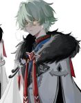  1boy ahoge aiguillette alyosha_(genshin_impact) black_shirt blue_jacket cameo chinese_commentary coat commentary_request crystal earmuffs empty_eyes fatui_coat freckles fur-trimmed_coat fur_trim gem genshin_impact green_hair hair_between_eyes honkai:_star_rail honkai_(series) jacket lapels long_sleeves looking_at_viewer male_focus qi_nian7n red_gem shirt short_hair simple_background solo sunday_(honkai:_star_rail) teeth turtleneck turtleneck_shirt white_background white_coat yellow_eyes 