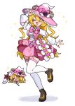  1girl :3 blonde_hair bow commentary_request don_quixote_(project_moon) dot_nose e.g.o_(project_moon) feathered_wings full_body hair_between_eyes halloween hat heart highres holding holding_staff horns in_the_name_of_love_and_hate_(e.g.o) limbus_company lobotomy_corporation_(identity)_(project_moon) long_hair long_sleeves looking_at_viewer one_eye_closed pink_bow pink_nails project_moon ro/ku simple_background solo staff thighhighs white_thighhighs wings witch_hat yellow_eyes 