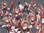  1girl ^_^ angelina_(arknights) angelina_the_mellow_wish_(arknights) arknights arm_up armpits arms_up artist_name black_collar black_gloves black_hairband black_thighhighs blush breasts brown_eyes brown_hair clenched_teeth closed_eyes collar commentary curly_hair detached_sleeves dress gloves grey_background grin hairband highres holding holding_letter holding_staff infection_monitor_(arknights) letter long_hair looking_at_viewer multiple_views official_alternate_costume okukin_07 open_mouth simple_background sleeveless sleeveless_dress small_breasts smile staff teeth thighhighs twintails very_long_hair waving white_dress white_sleeves 