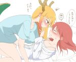  2girls blonde_hair blue_shirt blush breasts camisole commentary_request dragon_girl dragon_horns dragon_tail ear_blush eye_contact highres horns kobayashi-san_chi_no_maidragon kobayashi_(maidragon) large_breasts long_hair looking_at_another multiple_girls red_eyes red_hair shirt simple_background speech_bubble squiggle straddling sweat tail thought_bubble tohru_(maidragon) translation_request white_background white_camisole white_shirt wso_soso yuri 