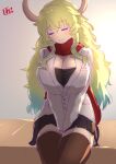  1girl black_shirt black_skirt black_thighhighs blazer breasts breasts_squeezed_together cleavage closed_eyes closed_mouth commentary_request dragon_girl dragon_horns gradient_hair green_hair grey_jacket highres horns huge_breasts jacket kobayashi-san_chi_no_maidragon long_hair long_sleeves lucoa_(maidragon) multicolored_hair pleated_skirt red_scarf reiwa_rerere scarf school_uniform shirt sidelocks sitting skirt solo thighhighs v_arms very_long_hair 