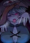  1girl absurdres blue_eyes blue_hair breasts cleavage commentary_request dark_background fangs ghost_pose glowing glowing_eye heterochromia highres huge_breasts kakkynoima looking_at_viewer open_mouth red_eyes solo steaming_body tatara_kogasa tongue tongue_out touhou umbrella 