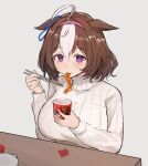  1girl ahoge alternate_breast_size_(larger) animal_ears blush breasts brown_hair casual chopsticks commentary eating english_commentary food food_in_mouth full_mouth hair_between_eyes hairband highres holding holding_chopsticks horse_ears horse_girl instant_cup_noodles instant_noodles korean_fire_noodles large_breasts long_sleeves meisho_doto_(casual)_(umamusume) meisho_doto_(umamusume) multicolored_hair noodles purple_eyes ramen ribbed_sweater short_hair shuuzo3 solo sweater turtleneck two-tone_hair umamusume white_hair white_sweater 