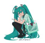  ahoge aqua_eyes aqua_hair aqua_nails badge bag_charm button_badge character_badge character_charm character_doll charm_(object) danciingcosmos doll frilled_bag hachune_miku hatsune_miku highres itabag long_hair looking_at_viewer smile solo squatting twintails v vocaloid white_background 