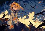  1girl :| a.i._voice adachi_rei artist_name bird black_pants cardiogram_print closed_mouth commentary crow drawstring empty_eyes english_commentary fiery_background fire grass hair_ribbon headlamp headset highres jacket orange_eyes orange_hair pants ribbon side_ponytail sitting smoke solo tradewinder3 utau white_jacket white_ribbon 