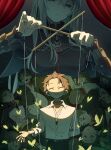  1boy 1girl belt black_belt black_dress black_eyes black_hair blood blood_on_face closed_eyes closed_mouth colored_eyelashes commentary_request control_bar corpse death dress echidna_(re:zero) highres long_hair natsuki_subaru open_mouth pile_of_corpses puppet_strings puppeteering re:zero_kara_hajimeru_isekai_seikatsu re:zero_kara_kasaneru_isekai_seikatsu shirt short_hair smile white_eyelashes white_shirt yucchiimi 