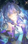  1girl aqua_eyes armlet blue_hair bracelet choker collar commentary constellation dress earrings english_commentary face_jewel gemini_(constellation) gloves gold_halo halo hand_on_own_chest hands_up head_wings highres honkai:_star_rail honkai_(series) instagram_username jewel_under_eye jewelry long_hair multicolored_eyes night origami_bird_(honkai:_star_rail) pearl_bracelet purple_choker purple_collar purple_dress purple_sleeves robin_(honkai:_star_rail) single_earring sky solo sparkle star_(sky) star_(symbol) star_trail starry_sky strapless strapless_dress tatonxry twitter_username two-tone_dress two-tone_eyes wavy_hair white_dress white_gloves white_wings wings yellow_eyes 