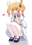  1girl alternate_costume alternate_hair_length_(shorter) back_bow black_bow black_bowtie black_shoes blonde_hair blush bow bowtie center_frills closed_mouth collared_dress commentary_request dragon_girl dragon_horns dress frills full_body gradient_hair hair_ribbon hands_on_own_cheeks hands_on_own_face high_heels highres horns kobayashi-san_chi_no_maidragon maid_headdress mary_janes medium_hair multicolored_hair puffy_short_sleeves puffy_sleeves red_eyes red_ribbon reiwa_rerere ribbon shoes short_sleeves sidelocks simple_background smile solo split_mouth squatting thighhighs tohru_(maidragon) twintails white_background white_dress white_thighhighs 